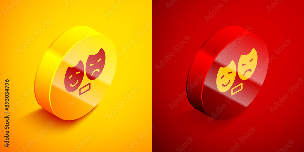 Isometric Comedy and tragedy theatrical masks icon isolated on orange and red background. Circle button. Vector. Isometric Comedy and tragedy theatrical masks icon isolated on orange and red background. Circle button. Vector.