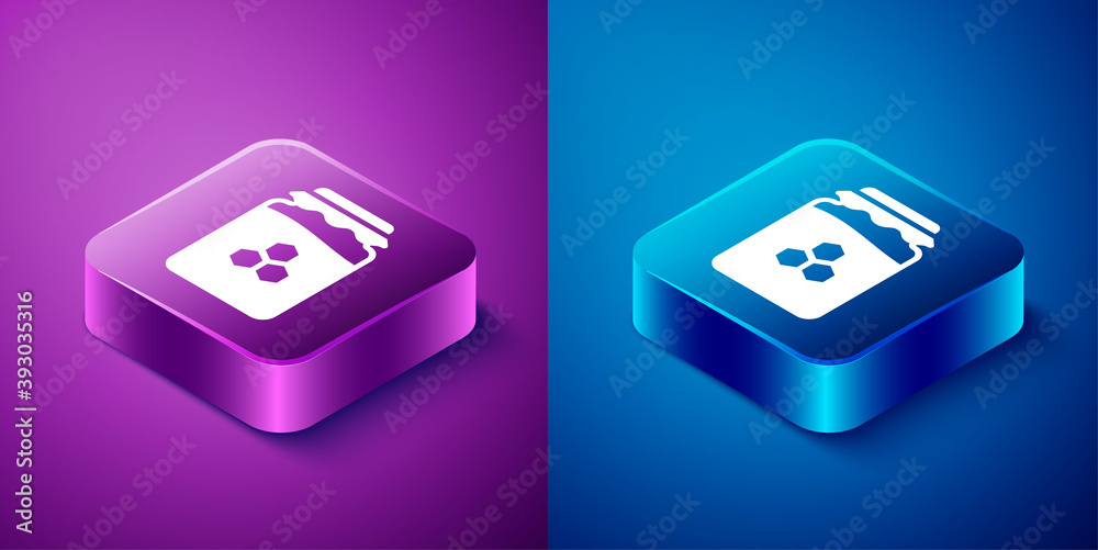 Isometric Jar of honey icon isolated on blue and purple background. Food bank. Sweet natural food symbol. Square button. Vector. Isometric Jar of honey icon isolated on blue and purple background. Food bank. Sweet natural food symbol. Square button. Vector.