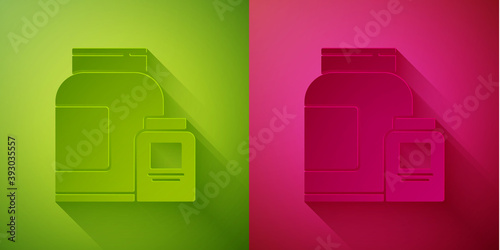 Paper cut Sports nutrition bodybuilding proteine power drink and food icon isolated on green and pink background. Paper art style. Vector.