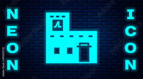 Glowing neon Traditional Mexican house icon isolated on brick wall background. Vector.