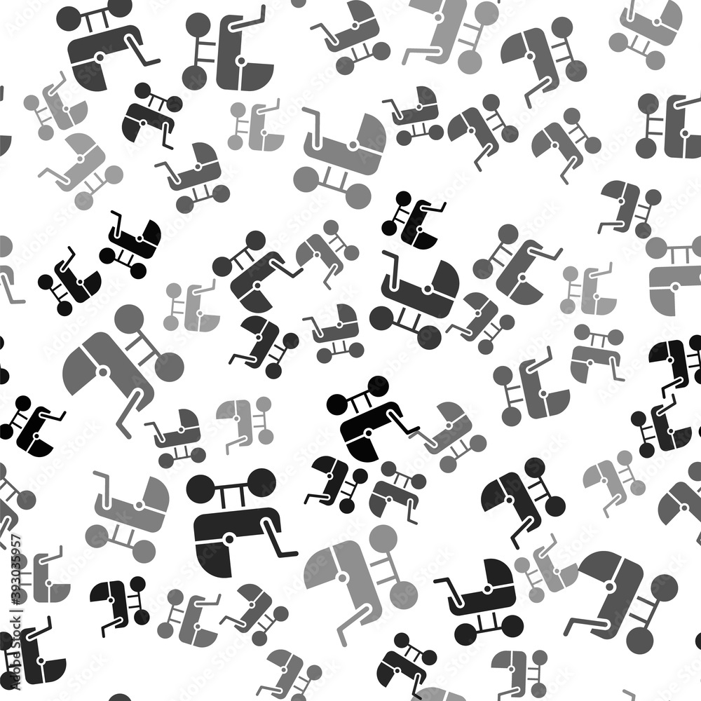 Black Baby stroller icon isolated seamless pattern on white background. Baby carriage, buggy, pram, stroller, wheel. Vector. Black Baby stroller icon isolated seamless pattern on white background. Baby carriage, buggy, pram, stroller, wheel. Vector.