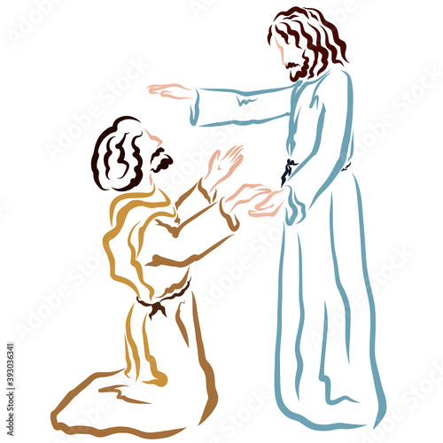 Savior Jesus blesses or heals a kneeling man