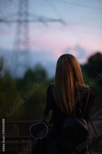 Chica de espaldas viendo un paisaje lleno de árboles con una torre de electricidad pegada a una puesta de sol de colores rosas y azules.