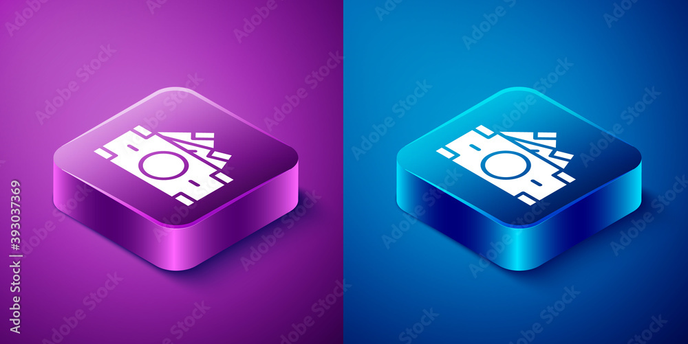 Isometric Stacks paper money cash icon isolated on blue and purple background. Money banknotes stacks. Bill currency. Square button. Vector. Isometric Stacks paper money cash icon isolated on blue and purple background. Money banknotes stacks. Bill currency. Square button. Vector.