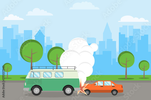 Traffic accident, accident of two cars against the background of the urban landscape. Vector, cartoon illustration. Vector.