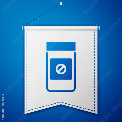 Blue Sports doping, anabolic drugs icon isolated on blue background. Anabolic steroids tablet. Pills in jar. White pennant template. Vector.
