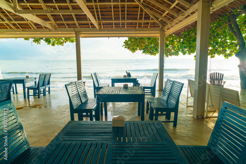 wooden chair with beach sea background