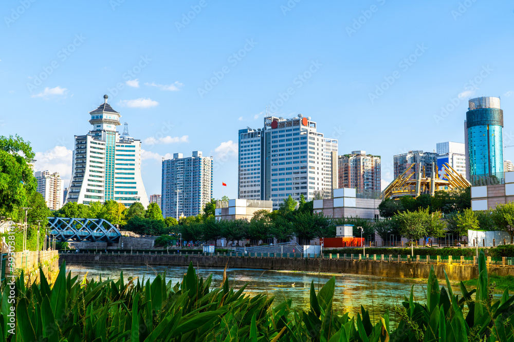 Guiyang city landscape, Modern tall buildings and bridge,