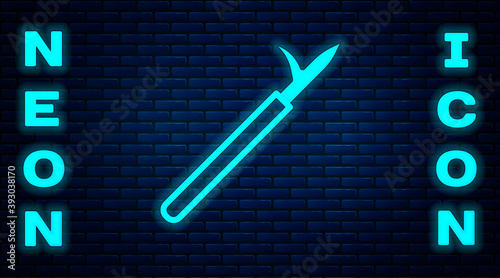 Glowing neon Metal pike pole with wooden handle icon isolated on brick wall background. Spear, pickaxe, hook hand extinguishing instrument and tool for fireman. Vector.