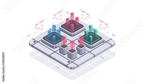 Technology isometric infographic design for quantum computer, artificial intelligence, Concept of big data. Digital information technologies.