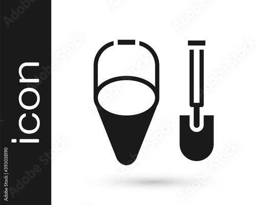 Black Fire shovel and cone bucket icon isolated on white background. Vector.