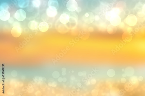 Abstract blurred fresh vivid spring summer light delicate pastel gold yellow turquoise bokeh background texture with bright circular soft color lights. Card concept. Beautiful backdrop illustration.