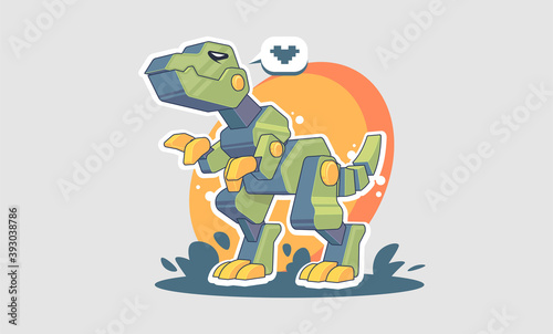 Mechanical T-rex cartoon illustration. Dinosaur robot mascot design. Iron monster Prehistoric.