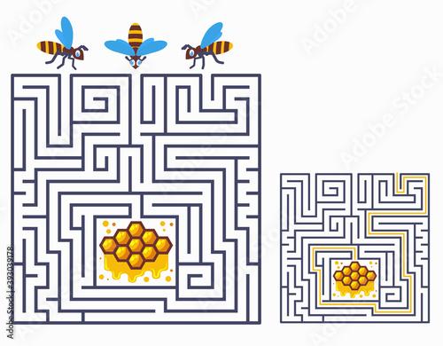 Square maze labyrinth game for kids. Find a way for bees to honeycomb. Three entrance and one right way to go. Vector cartoon illustration isolated on white background.