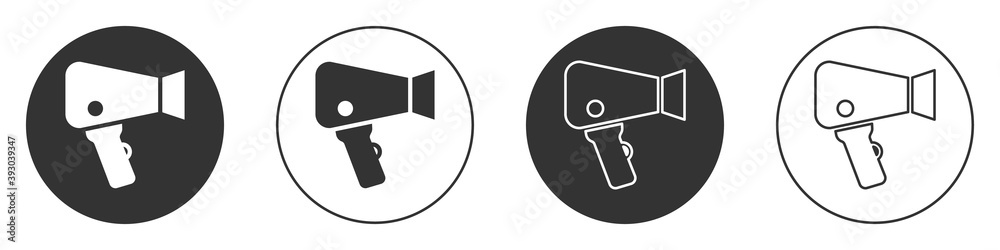 Black Hair dryer icon isolated on white background. Hairdryer sign. Hair drying symbol. Blowing hot air. Circle button. Vector. Black Hair dryer icon isolated on white background. Hairdryer sign. Hair drying symbol. Blowing hot air. Circle button. Vector.