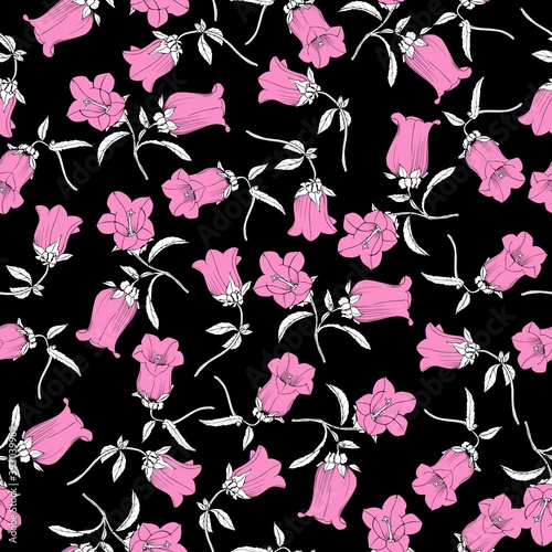 Pink flowers on a black background. Vector seamless pattern for fabric and packaging.