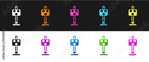 Set Train traffic light icon isolated on black and white background. Traffic lights for the railway to regulate the movement of trains. Vector.