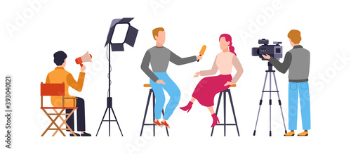 Press interview with cameraman. Journalist interviews. Newscaster and journalist profession. Operator holds camera and reporter with microphone, television industry flat vector character