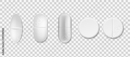 Tablets set. Vector realistic white medical pill and capsule various forms front view, antibiotic, painkiller and vitamins pharmacy collection, vector on transparent background drugs © YummyBuum