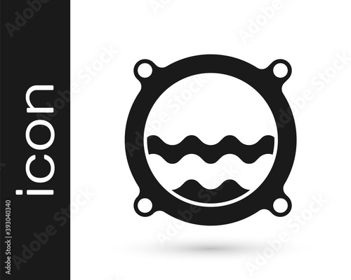 Black Ship porthole with rivets and seascape outside icon isolated on white background. Vector.