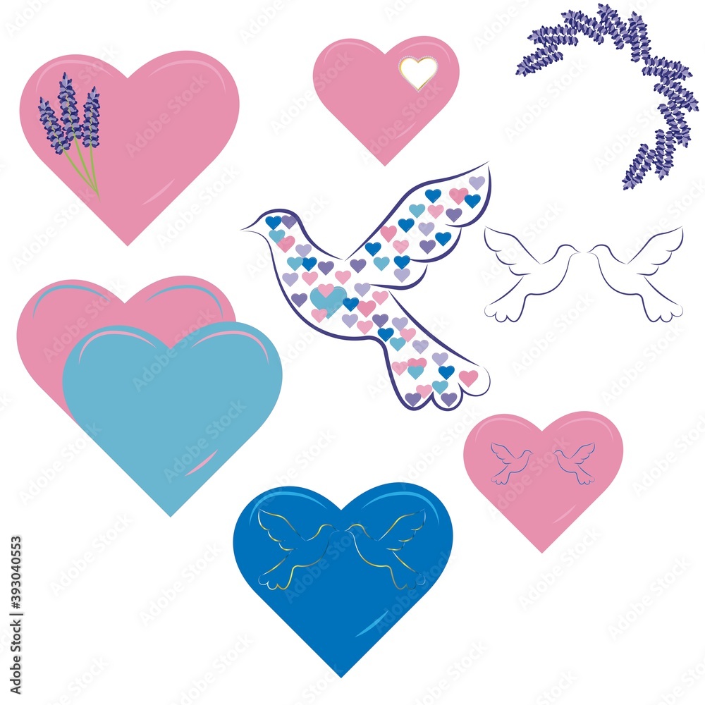 set of hearts and birds