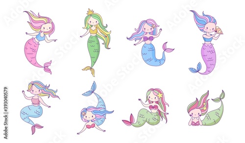 Mermaids cartoon set. Cute underwater princesses with fish tails swimming  fantasy creature with shells  myth of kids fairytale  adorable pretty character flat vector isolated collection