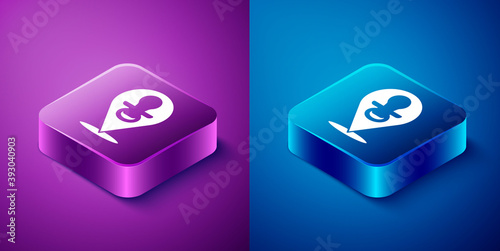 Isometric Baby dummy pacifier icon isolated on blue and purple background. Toy of a child. Square button. Vector.