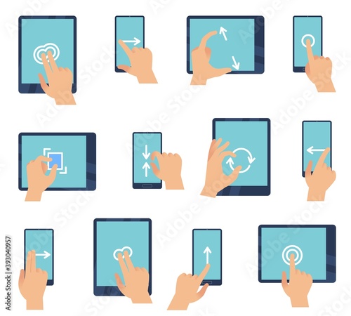 Hand gestures touching screen devices. Fingers gesture for tablet and smartphone using touchscreen technology instruction, gadget with multitouch interface click and swipe flat vector set