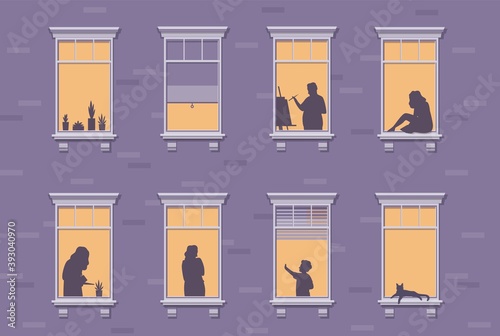 Neighbor characters. Windows with people stay at home, silhouettes of man and woman through the window, apartment building human at night, quarantine period vector concept