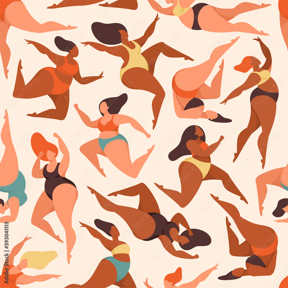 Body positive women seamless pattern. Overweight female in color clothes charming fat girls, plus size in swimsuits, creative design textile, wrapping paper, wallpaper vector texture