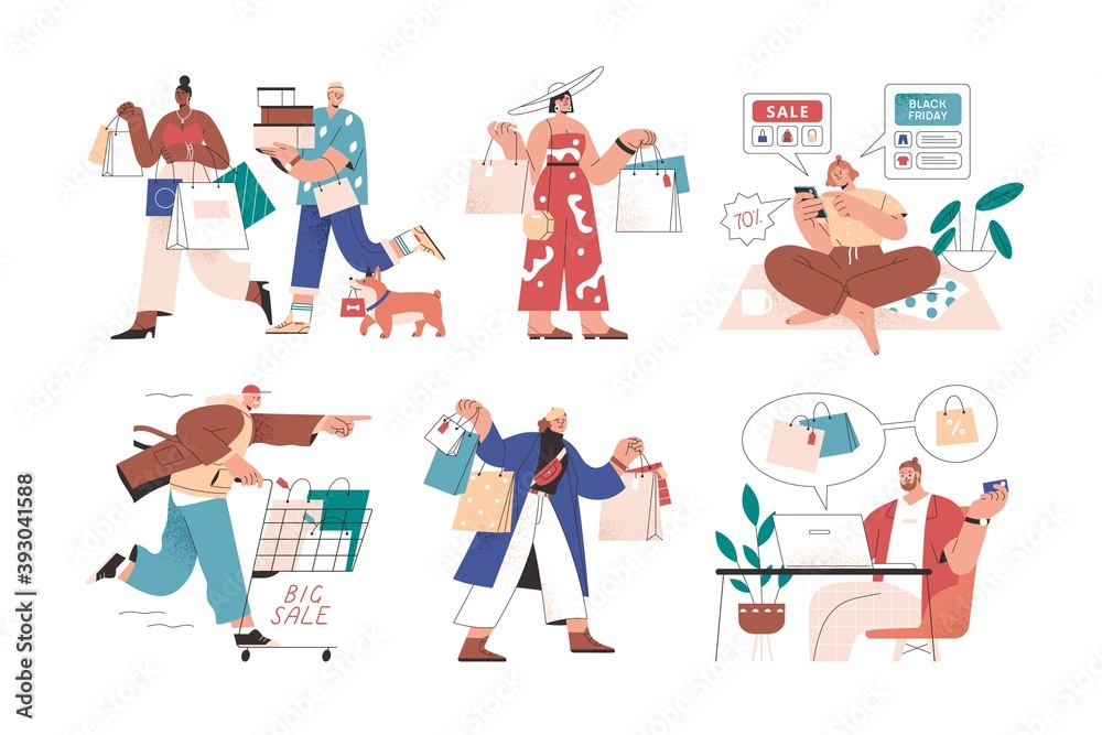 Online and offline shopping by male and female buyers. Set of people with bags, carts, smartphone and laptop during big sale or black friday. Flat vector illustration isolated on white background