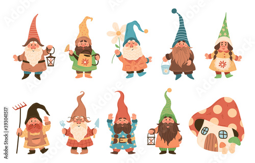 Gnome characters. Cute festive dwarfs with different attributes decoration yard collection, xmas fairy tale gnomes with lanterns and garden tools in hats colorful cartoon vector set