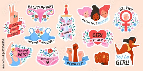 Girl power. Female movement feminist symbols, stickers or comic bubbles and slang words, short quotes grl pwr, body positive and gender equality, woman society and solidarity vector set photo