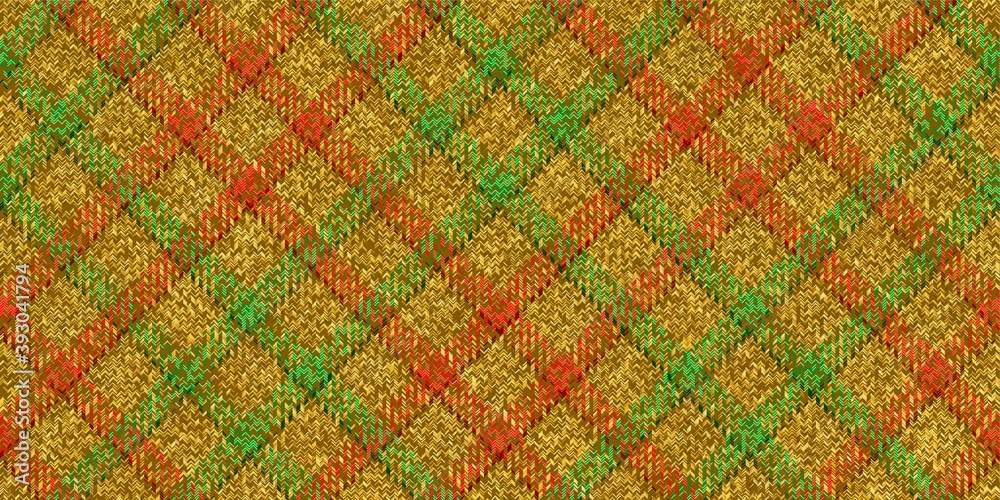 ragged old fabric texture of traditional checkered diagonal tartan repeatable ornament with lost threads, red and green stripes on golden straw, tablecloths, shirts, clothes, dresses