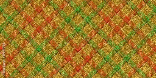 ragged old fabric texture of traditional checkered diagonal tartan repeatable ornament with lost threads, red and green stripes on golden straw, tablecloths, shirts, clothes, dresses