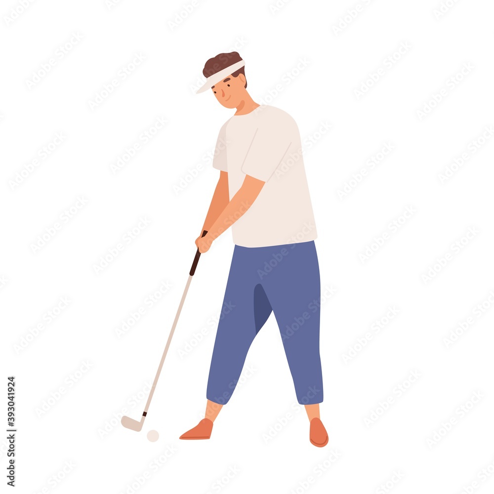 Professional male golfer with golf club. Smiling young man playing golf with niblick. Flat vector cartoon illustration of practicing sportsman isolated on white background Professional male golfer with golf club. Smiling young man playing golf with niblick. Flat vector cartoon illustration of practicing sportsman isolated on white background