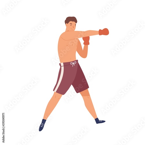 Colorful portrait of male boxer. Muscular man in sportswear and boxing gloves isolated on white background. Flat vector cartoon illustration of concentrated athletic box fighter © Good Studio