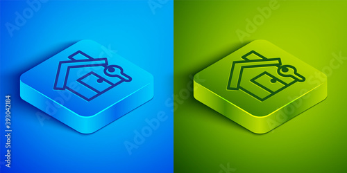 Isometric line House with key icon isolated on blue and green background. The concept of the house turnkey. Square button. Vector Illustration.