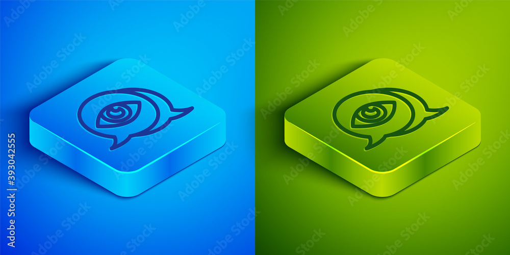 Isometric line Eye scan icon isolated on blue and green background. Scanning eye. Security check symbol. Cyber eye sign. Square button. Vector. Isometric line Eye scan icon isolated on blue and green background. Scanning eye. Security check symbol. Cyber eye sign. Square button. Vector.