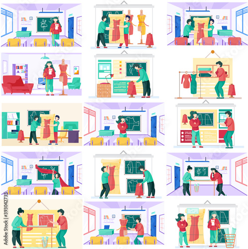 Team of seamstresses working on sewing clothes around mannequin with dress. Vector people character scenes set. Clothes class interior. The concept of tailoring fashionable clothes. Creative atelier