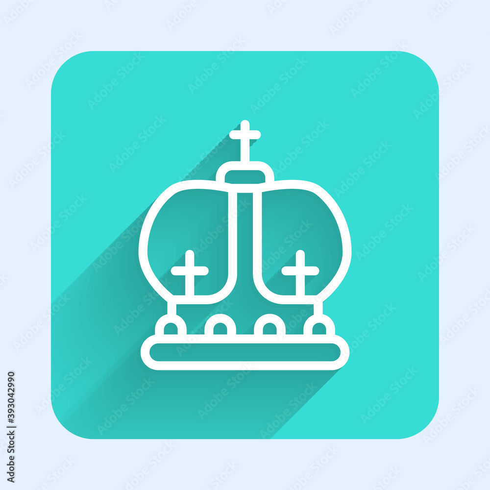 White line British crown icon isolated with long shadow. Green square button. Vector. White line British crown icon isolated with long shadow. Green square button. Vector.
