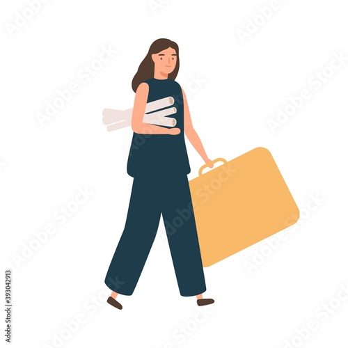 Female architect or designer walking with big case and paper tubes. Portrait of young constructor with projects. Flat vector cartoon illustration of woman engineer isolated on white background