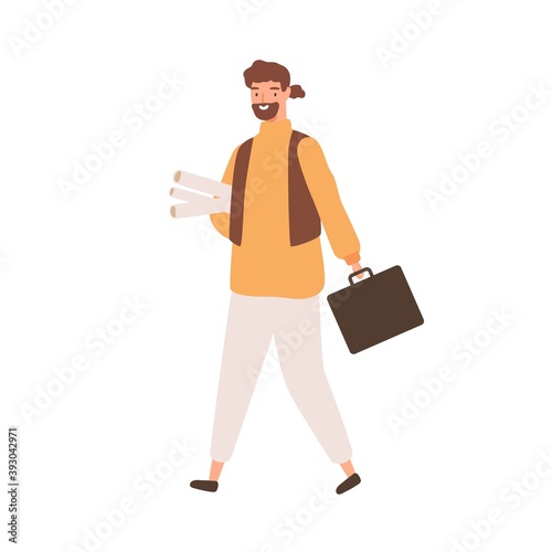 Male architect designer holding blueprints in tubes and a suitcase. Portrait of smiling bearded construction worker. Flat vector cartoon illustration of engineer isolated on white background