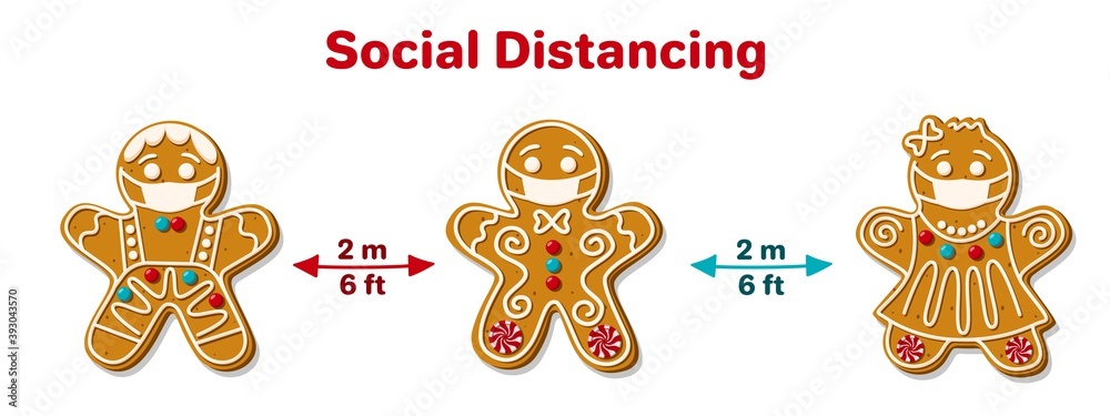 Fototapeta premium Christmas Gingerbread Man in Facial Mask. Social distancing poster with text to self quarantine and protect your health. New Year's pandemic coronavirus