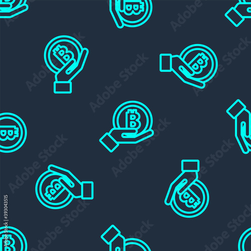 Green line Hand holding Bitcoin icon isolated seamless pattern on blue background. Blockchain technology, digital money market, cryptocoin wallet. Vector.