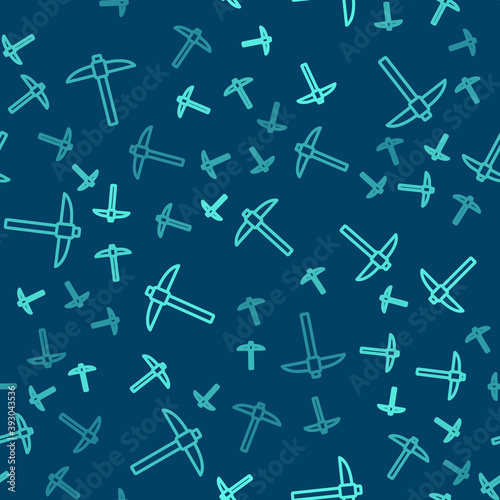 Green line Pickaxe icon isolated seamless pattern on blue background. Blockchain technology, cryptocurrency mining, bitcoin, digital money market, cryptocoin wallet. Vector.