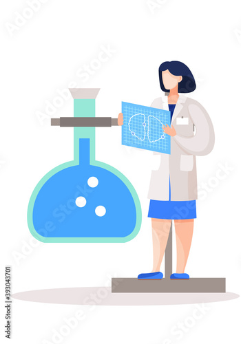 Medical worker in lab. Woman in white coat work with a test tube, virologists doing research, chemical assistant with laboratory equipment. Illustration of science experiment with vaccine, medicine
