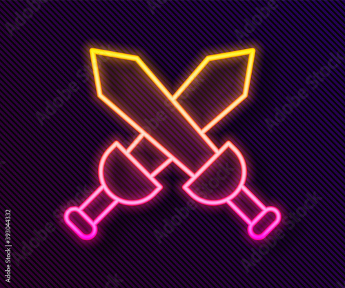 Glowing neon line Crossed medieval sword icon isolated on black background. Medieval weapon. Vector.
