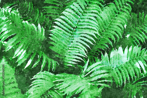 Digital art painting - green toned full frame image of trendy tropical green fern leaves (watercolor effect)