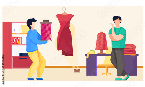 Textile industry, production of threads. Sewing workshop and atelier worker concept. Tailor or dressmaker profession, man holding spool of thread in hands. Textile clothing manufacturing vector